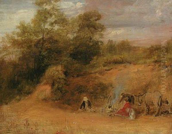 Travellers And Donkeys By A Camp Fire In A Wooded Landscape - view 1