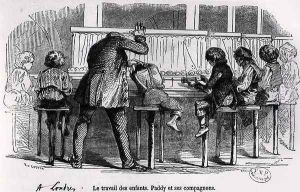 Children working on bobbins in London, Paddy and his companions, from Le Musee des Familles, 1848