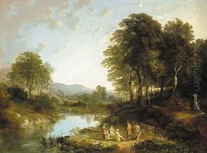 A wooded river landscape with figures in the foreground, traditionally identified as 'On the Teign' by William Traies