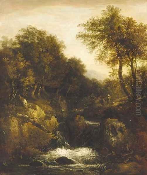 Anglers in a wooded river valley - view 1