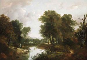 Figures in a wooded river landscape by William Traies