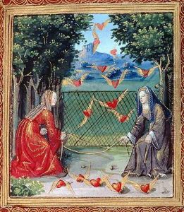 Stowe 955 f.12b-13 Maids and Winged hearts, written by Pierre Sala b.c.1457 c.1500 by Lyons The Master of