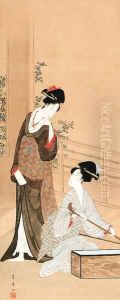 Two geisha preparing for a concert by Utagawa Toyohiro