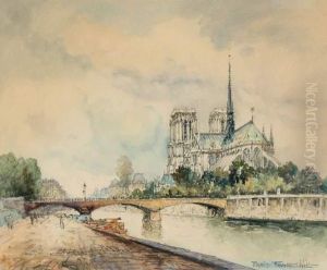 Le Pont De L'archeveche Et Notre Dame, Paris
 Aquarelle Sur Papier, Signee Et Situee En Bas A Droite