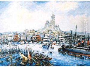 Paquebot, Nombreux Voiliers A 
Trois Etquatre Mats, Remorqueurs, Barques Dans Le Port De Marseille Au 
Piedde Notre Dame De La Garde