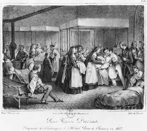 Sister Victoire Darras tending the cholera victims at the Hotel-Dieu of Chauny, 1832 by Thomas, Napoleon