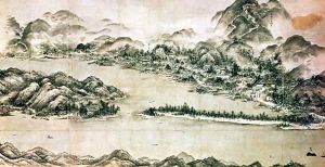 Landscape of mountains and a river in cursive style