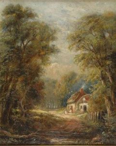 Figures Outside A Thatched Cottage In Awoodland Clearing