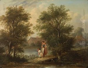 Young Girls Fishing In A Woodedlandscape by Edward Charles Williams