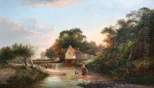 Cottage By A River With Figure Crossing A Ford