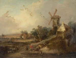 Gypsy Encampment Before A Cottage And With Windmill