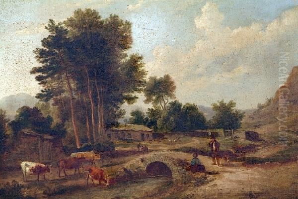 Country Scene With Cattle And Figures By Abridge - view 1