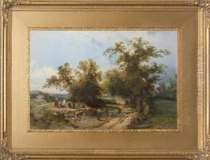 Figures In An Extensive Rural Landscape - by Edward Charles Williams