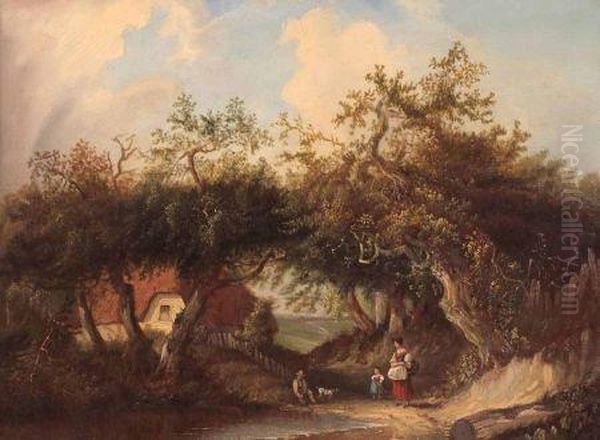 Scene With Figures And Cottage, 12" X 16" 600-800 - view 1