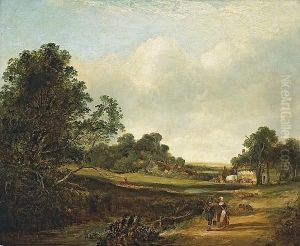 An Extensive Rural Landscape With Figures On Aroad And Farmhouses Beyond An Extensive Rural Landscape With Figures On Aroad And Farmhouses Beyond