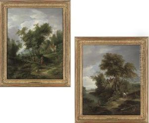 Anglers Before A Cottage, A
Horse And Rider Passing Nearby; And Figures Crossing A Wooden Bridge, A
Cottage In The Distance by Edward Charles Williams