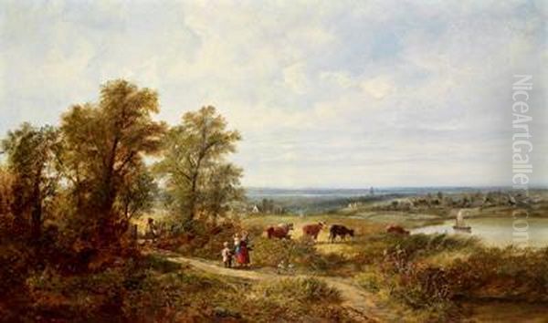 Landschaft Mit Kuhen Und Familie Am Heimweg - view 1