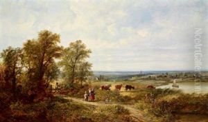 Landschaft Mit Kuhen Und Familie Am Heimweg