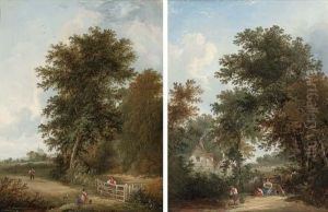 Figures Beside A Pool Before A Gate, A Cottage Beyond; And Another Similar