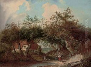 A Family Beside A Pool, A Cottage Beyond