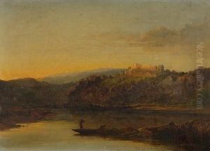 A Fishermen On A River, With Castle Catching The Evening Light Beyond A Fishermen On A River, With Castle Catching The Evening Light Beyond