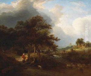 A Wooded Landscape With Travellers On A Path by Edward Charles Williams