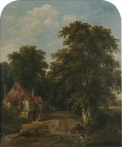 Landscape With An Angler Beside A Ford, A Cottage Beyond Landscape With An Angler Beside A Ford, A Cottage Beyond