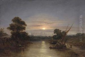 Barges On The Thames At Dusk, With Windsor Castle Beyond
