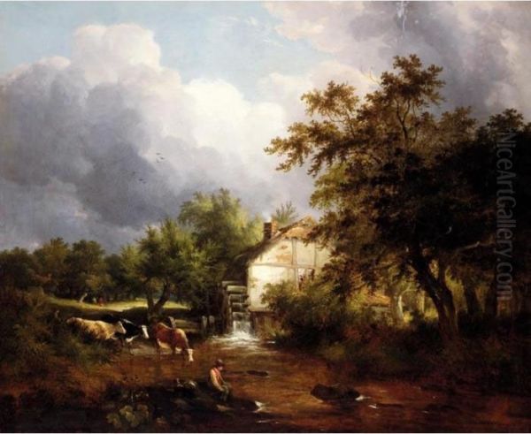 A Fisherman On The Riverbank, A Water Mill And Cattle Beyond - view 1