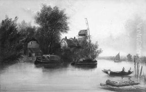 Estuary Scene With Boats And Windmill
