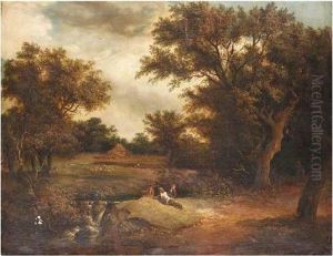 Landscape With Figures By A Waterfall by Edward Charles Williams