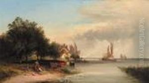 Figures Resting By A Cottage In An Extensive River Estuary Landscape