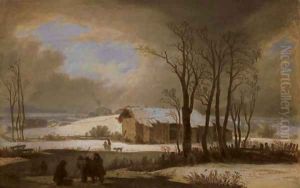 Paysage d'hiver avec deux groupes de personnages et une grange pres d'un etang, 1845 by Wolfgang-Adam Toepffer