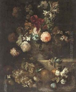 Roses, narcissi, morning glory and other flowers in a vase on a ledge with grapes, plums and oranges beneath