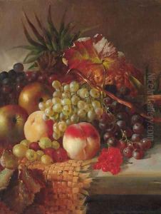 Grapes, peaches, apples, gooseberries, and pineapples on a wicker mat on a stone ledge