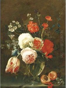 A still life of flowers in a glass vase with fruit on a stone ledge 2 by Gaspar Thielens