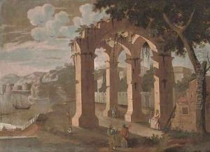 A Mediterranean coastal landscape with figures amongst ruins by Agostino Tassi