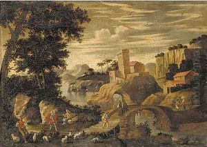 A mountainous river landscape with a shepherd and other figures, a fortress and a house beyond by Agostino Tassi