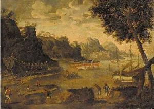 A harbour landscape with shipwrights working in a yard, a fortress and mountains beyond