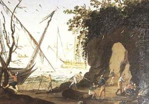 A rocky coastline with fishermen bringing in their nets by Agostino Tassi
