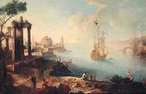 A capriccio of an Eastern harbour with fisherfolk on the shore, a man-o'-war beyond