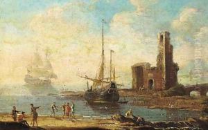 A Mediterranean coastal inlet with shipping and figures on the shore, a tower with a bridge beyond by Agostino Tassi