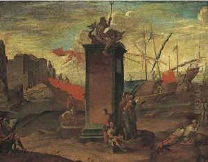 A Mediterranean harbour with a statue of Neptune being sketched by an artist, a Maltese ship moored beyond A Mediterranean harbour with a statue of Neptune being sketched by an artist, a Maltese ship moored beyond