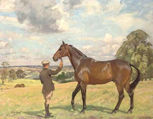 A hunter and groom in an extensive landscape - view 1