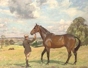 A hunter and groom in an extensive landscape by Algernon Talmage