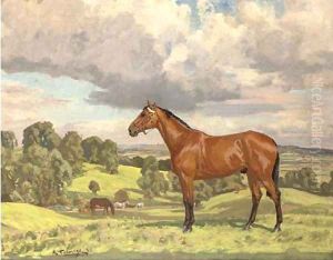 Hunters grazing in an extensive landscape by Algernon Talmage