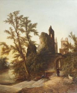 Castle Ruins On A Riverbank With Three Figures In The Foreground