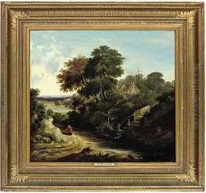 Figures By A Pond With Ducks, In A Wooded Landscape