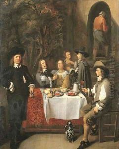Elegant company at a table on a terrace by Gillis Van Tilborch