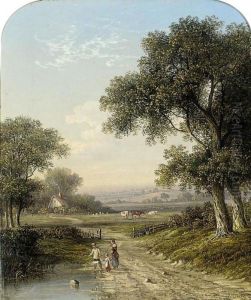 A Boy With A Basket On A Wooded Track And A Girl Picking Berries